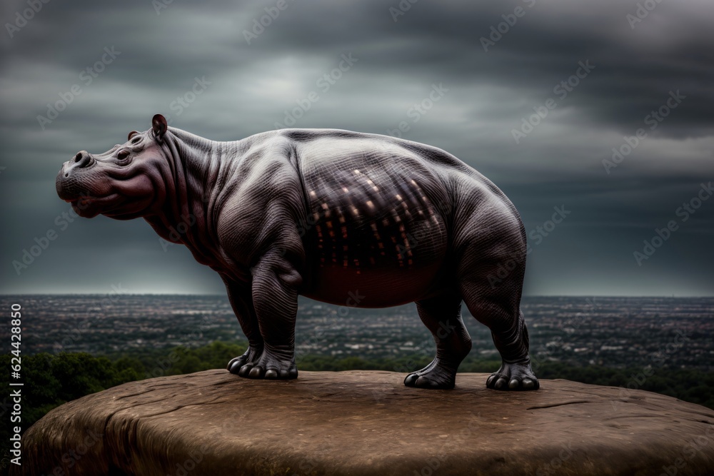 Fototapeta premium A Statue Of A Hippopotamus Standing On Top Of A Rock