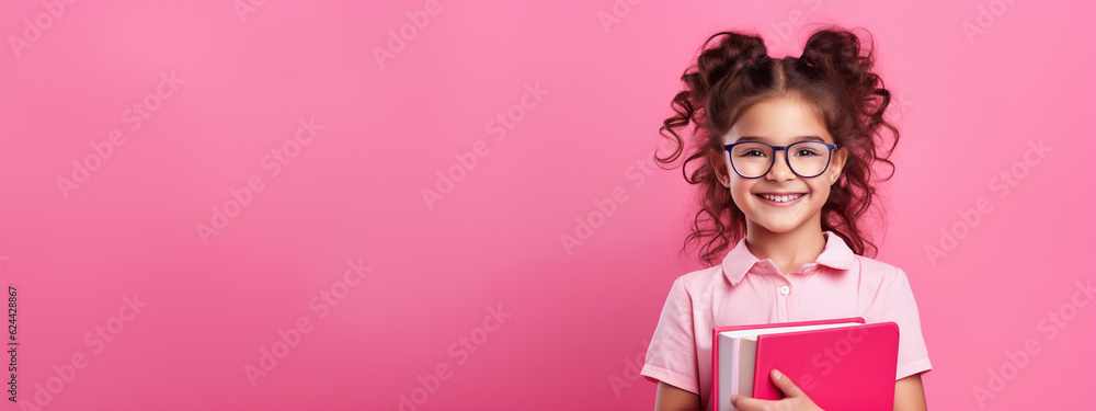 cute girl ready to back to school on pink background, generative ai cute girl ready to back to school on pink background, generative ai
