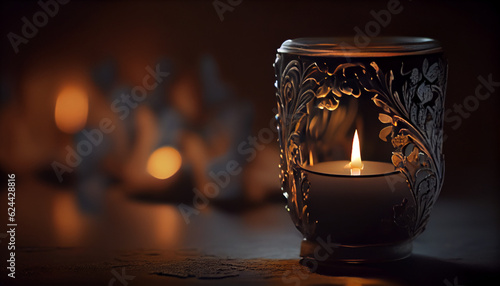 Close up candle burning on dark blurred background. Decorative element. Mourning symbol. Horizontal banner Ai generated image © Trendy Image Two