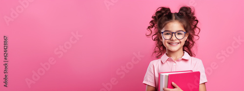 cute girl ready to back to school on pink background, generative ai