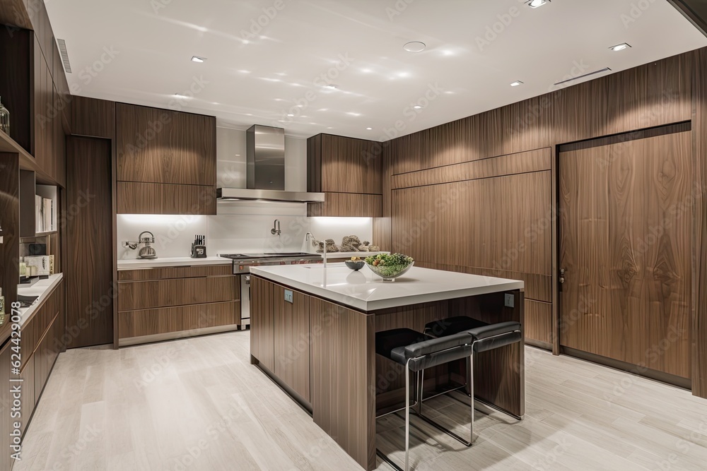 a sleek and modern kitchen with wood-paneling and sleek stainless steel appliances, created with generative ai a sleek and modern kitchen with wood-paneling and sleek stainless steel appliances, created with generative ai