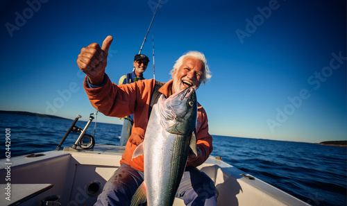 Fotografia Proud bearded fisherman having glad expression catching big fish having successful day