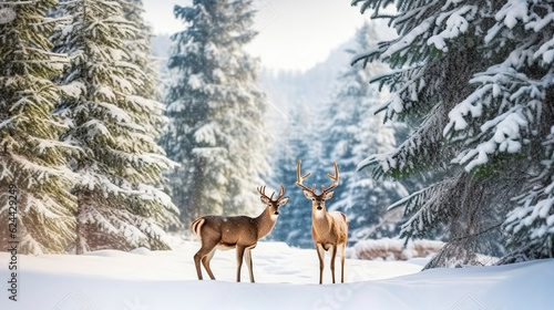 Deers Amidst a Snowy Winter Landscape, Adorned with Towering Fir Trees. Generative AI © Gasspoll