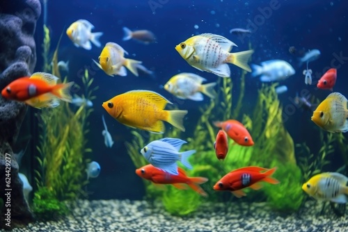 school of tropical fish swimming in tranquil aquarium, created with generative ai