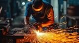 Worker using an angle grinder and proyecting sparks. Generative AI
