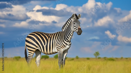 Zebra with blue storm sky. Wild animal on the green meadow. Wildlife nature. Generative AI © Gasspoll