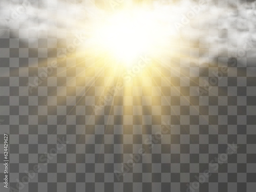 Vector illustration of the sun shining through the clouds. Sunlight. Cloudy vector.	

