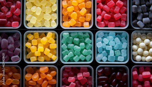 An assortment of different colors chewy candies in square trays. Sweet Candy market, top view of the counter