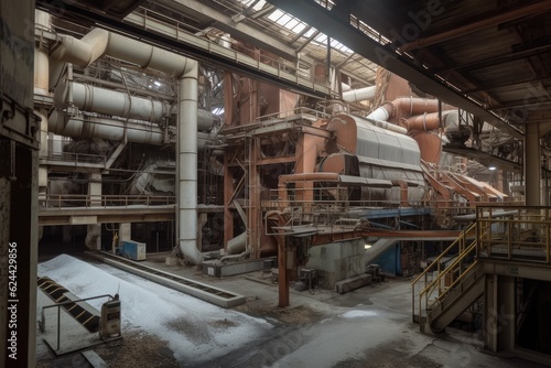 pulp and paper mill, with massive machines processing raw materials and producing finished products, created with generative ai