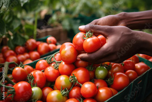 Close-up of a branch with tomatoes. Working farm hands hold a branch with cherry tomatoes. Sunny day. Harvest care. Blurred foreground.