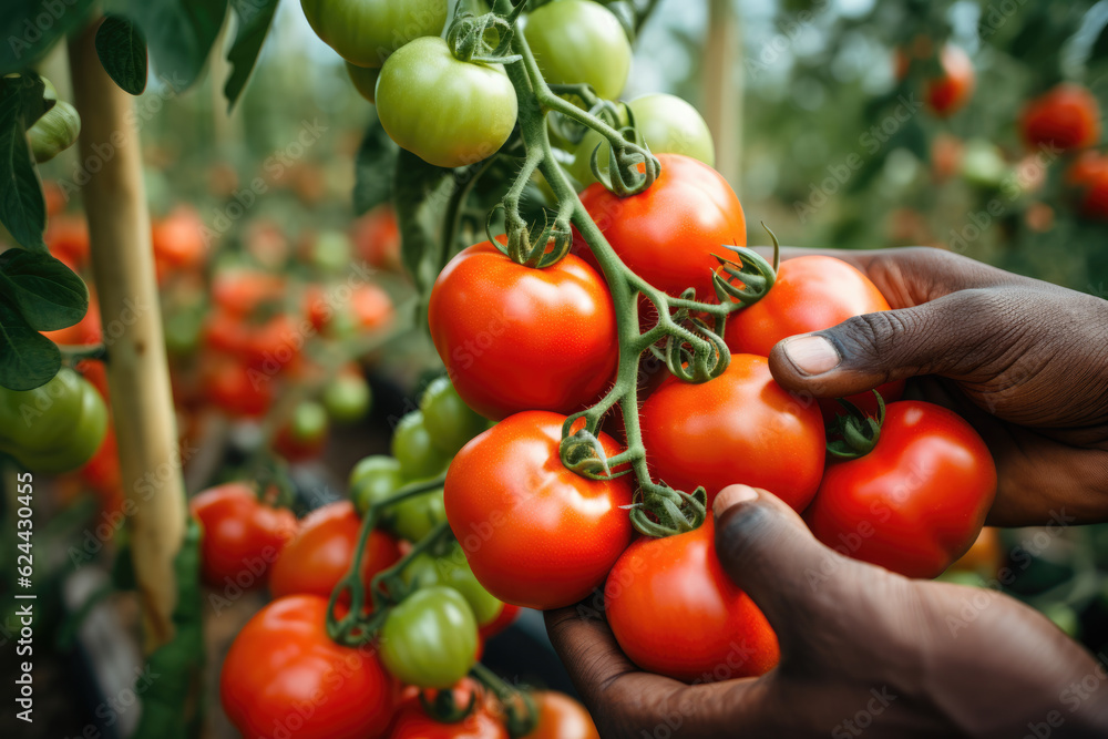Close-up of a branch with tomatoes. Working farm hands hold a branch with cherry tomatoes. Sunny day. Harvest care. Blurred foreground.