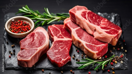 Raw meat. Pork and beef steaks with spices and herbs On a black rustic background. Generative AI