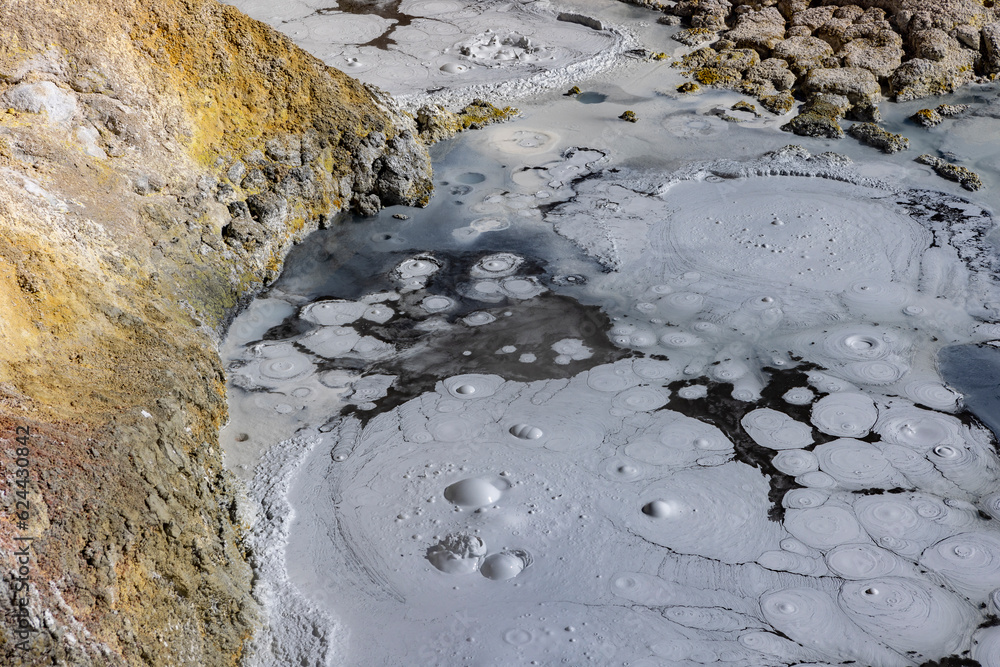 Obraz premium Stunning geothermic field of Sol de Mañana with its steaming geysers and hot pools with bubbling mud - just one sight on the lagoon route in Bolivia, South America