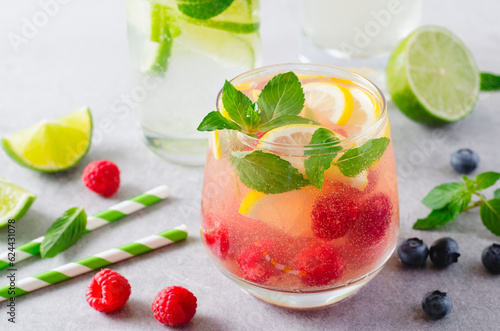 Summer Drinks Set, Fruit, Citrus and Berry Refreshing Lemonade or Cocktails on Bright Background