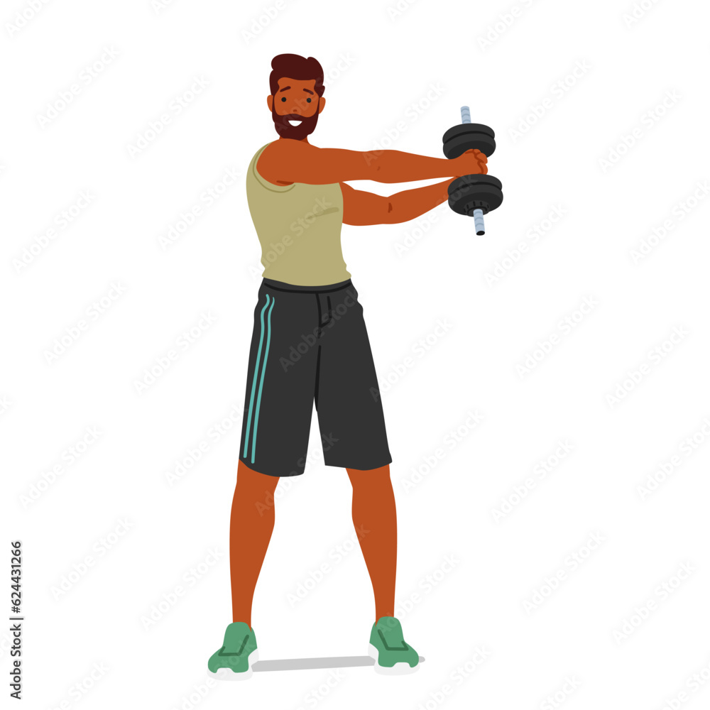 Fit Man Lifts Dumbbell, Working On Strength And Muscle Development. Male Character Focused On Exercise Routine