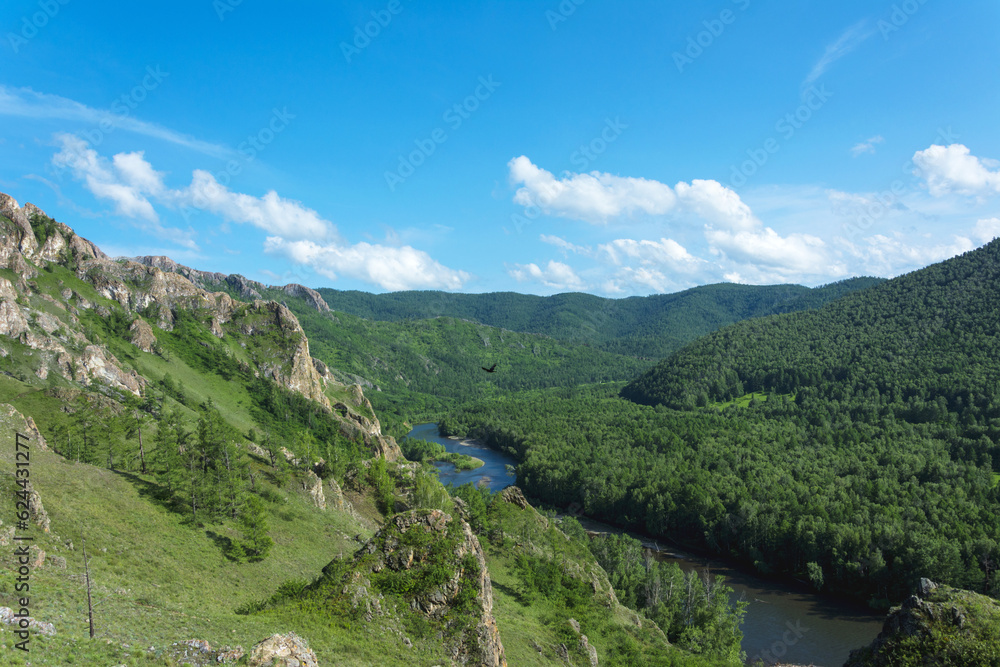 The valley of a small river flowing among the hills overgrown with forest