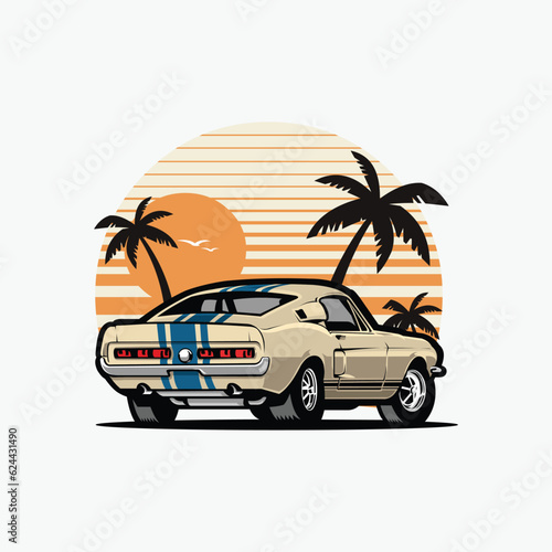 American Muscle Car in Beach Vector Illustration. Car Isolated in White Background. Best for Tshirt Design Template