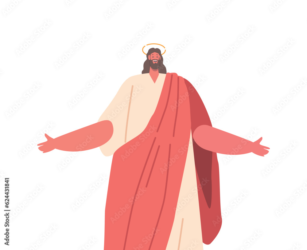 Smiling Jesus Christ Character With Joyful Expression, Outstretched Arms, Radiating Love And Warmth. Smiling And Joyful