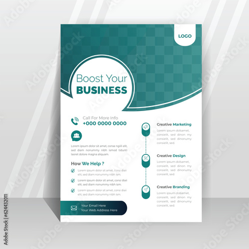 Corporate A4 flyer template green minimal geometric layout.