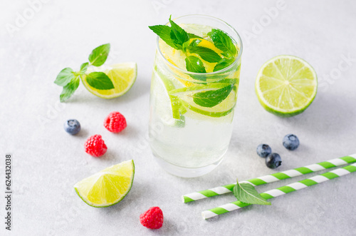 Refreshing Cold Cocktail or Mocktail with Lime and Mint, Lemonade or Refreshing Infused Water