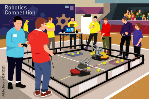High School Students in Robotic Competition Vector Illustration
