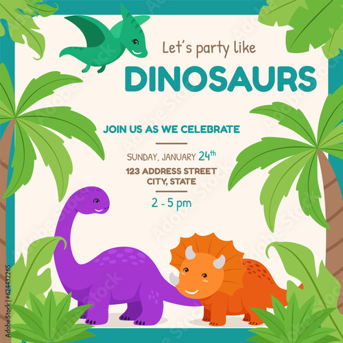Dinosaurs Themed Party Invitation Card Vector Illustration