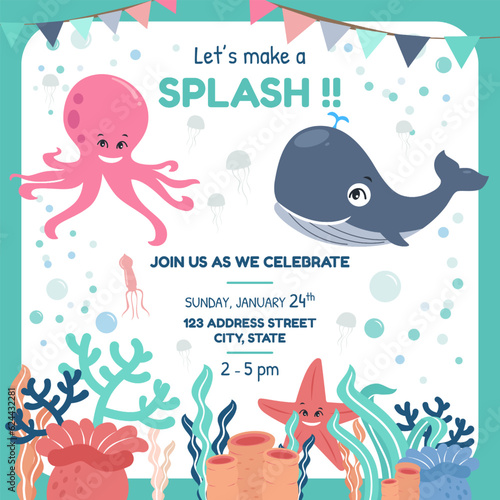 Ocean Animals Themed Party Invitation Card Vector Illustration © artisticco