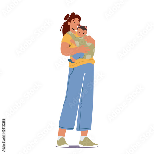 Mother Gently Cradles Her Baby In A Sling, Providing Closeness And Comfort. A Beautiful Bond Between Mother And Child