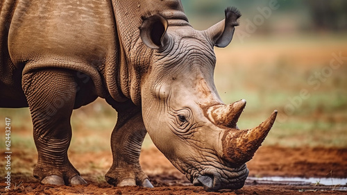 Rhino in the Savannah - Mud, Grass, and Serene Beauty. Generative AI