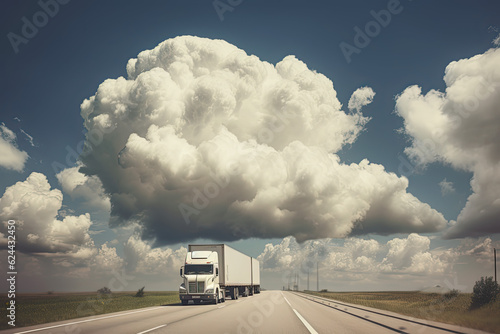 Illustration of  a truck traveling on a route with a coldly sky.. Generative Ai.