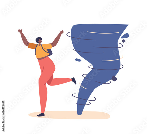Scared Female Character Frantically Sprinting Away From The Approaching Tornado, Woman Desperately Seeks Shelter