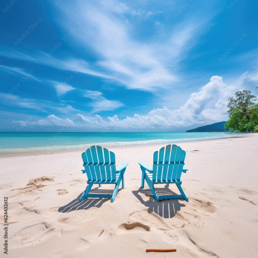 Chairs on the sandy beach near the sea. Summer holiday and vacation concept for tourism. Generative AI.