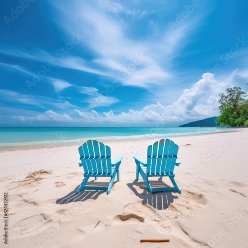 Chairs on the sandy beach near the sea. Summer holiday and vacation concept for tourism. Generative AI.