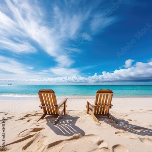 Chairs on the sandy beach near the sea. Summer holiday and vacation concept for tourism. Generative AI. © Simona