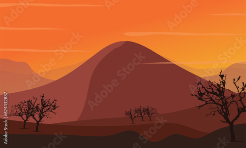 beautiful view of mountains and trees in the evening  sunset. vector illustration