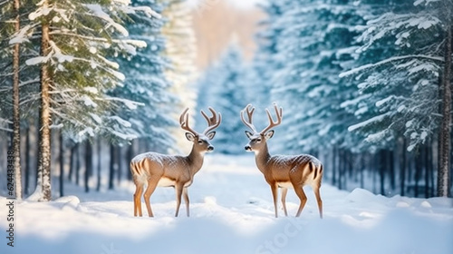 Winter landscape with deers,snow and fir tree. Generative AI