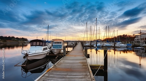 Wide angle of wooden pier with moored boats in harbor against cloudy blue sundown sky in evening. Generative AI