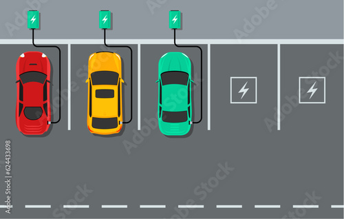 Electric car charger top view. Battery hybrid car parking recharge vector icon