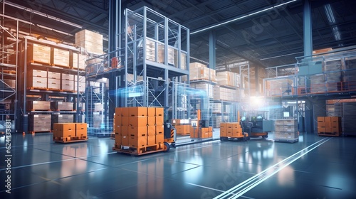 Smart factory logistics. The innovative use of technology to streamline, automate, and enhance logistical processes within factory setting, thereby boosting efficiency and productivity. Generative AI photo