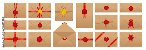 Cartoon envelopes with wax seals. Blank paper envelopes decorated with postage red seal stamps with ribbon flat vector illustration set. Vintage postal letters