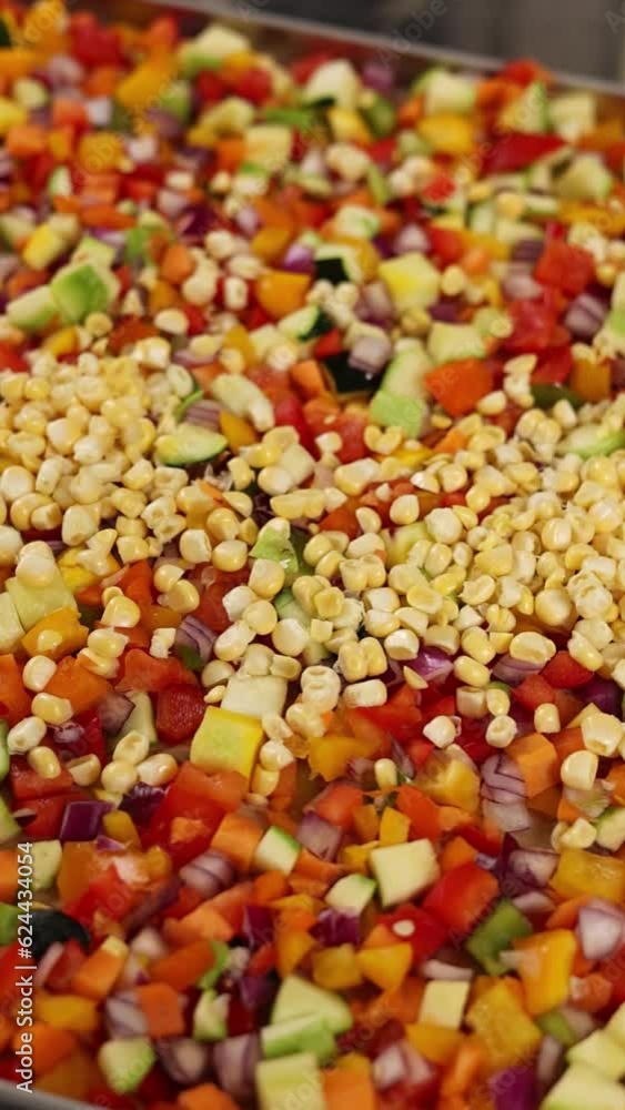 The chef prepares vegetables for freezing. Close-up The chef prepares vegetables for freezing. Close-up