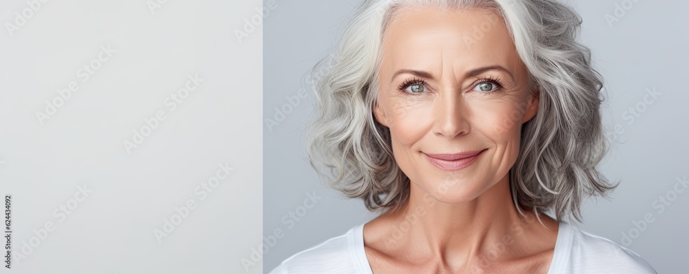 Banner with free copy space for text - older attractive smiling business woman with grey hair Banner with free copy space for text - older attractive smiling business woman with grey hair