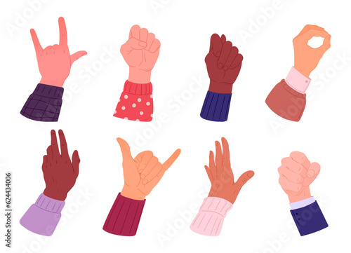 Various hands gestures. Cartoon hand palms with different skin colours, ok, rock and call sign. Human hands gestures flat vector illustration set
