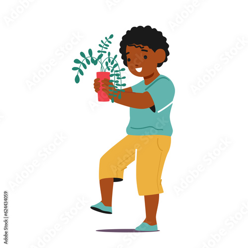 Tender Moment Captured A Child Holding A Houseplant In Hands, Kid Character Fostering A Connection With Nature