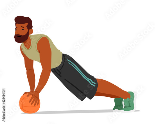 Fitness Man Character Performs Push-ups Using Stability Ball, Enhancing Core Stability And Strength While Engaging