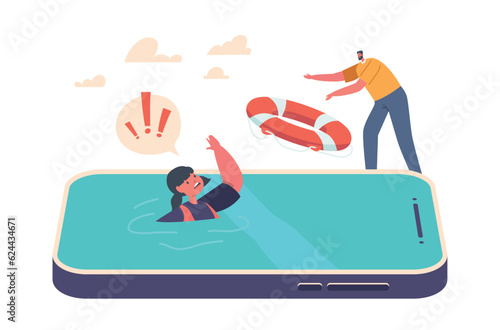 Parental Control, Father Throws Lifebuoy To Rescue His Child Drowning In The Smartphone Screen, Vector Illustration