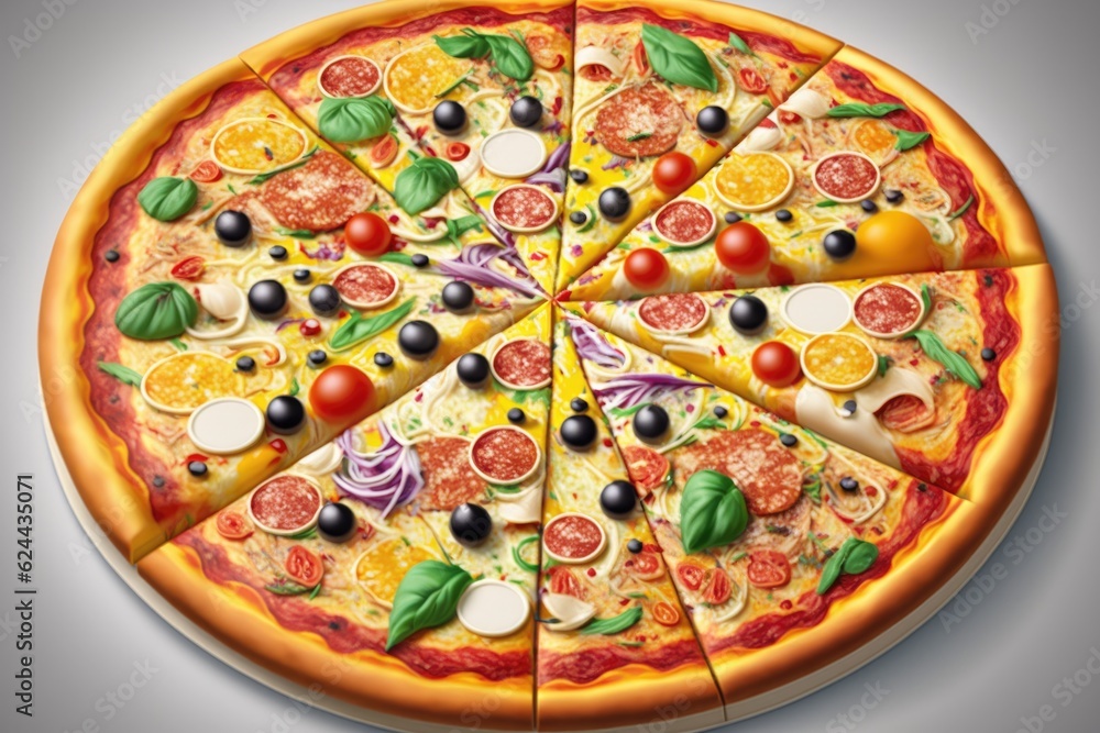 Pizza with mozzarella cheese, olives, tomatoes and basil Pizza with mozzarella cheese, olives, tomatoes and basil
