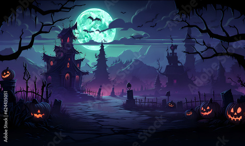 Halloween Night Party Fantasy Dungeon Game Background with Decoration (Grave, Pumpkin, Castle, Bat, Ghost, etc.) in Pixel Style