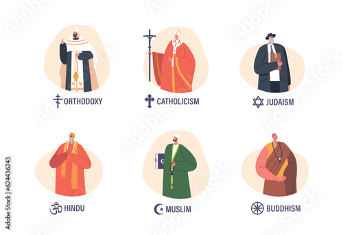 Religious Minister Characters, Orthodoxy, Catholicism, Judaism, Hindu, Muslim And Buddhism Devoted Leaders