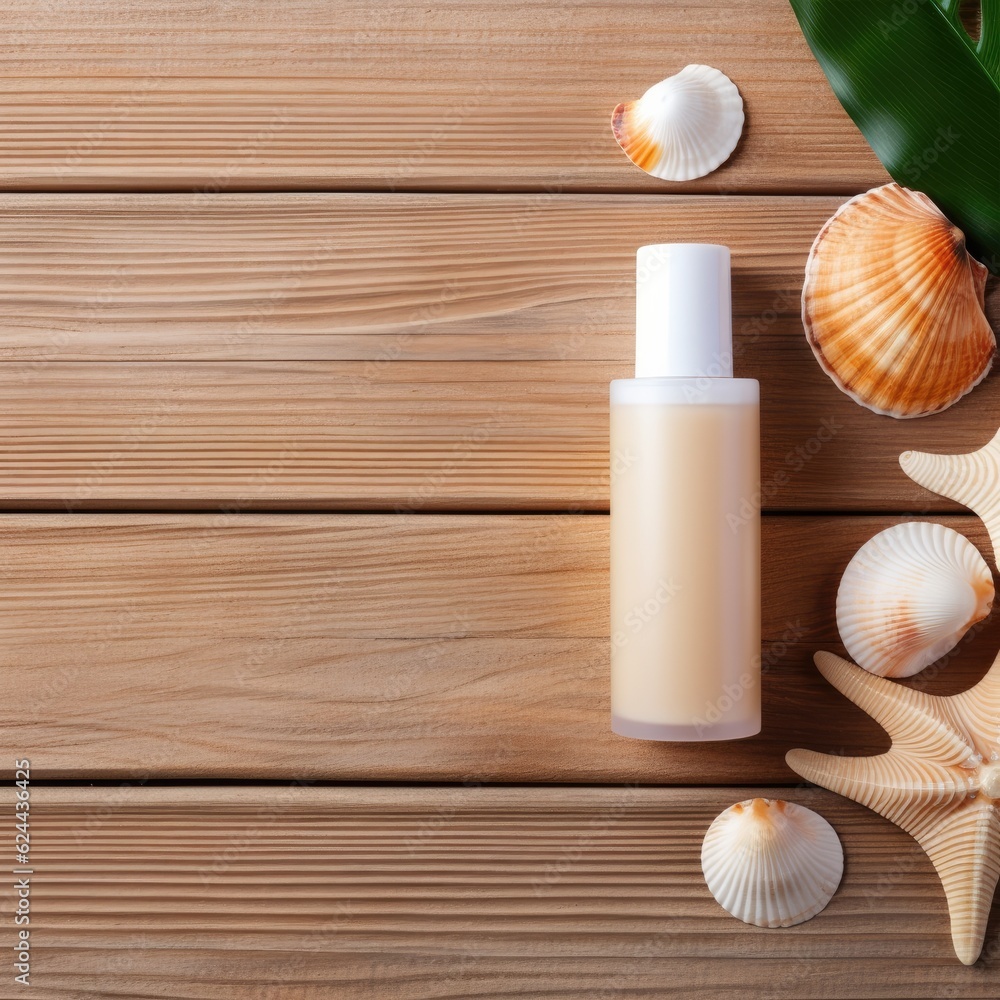 Sun protection cream bottle on wooden background with copy space. Generation AI. Sun protection cream bottle on wooden background with copy space. Generation AI.